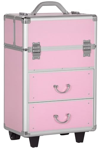 HOMCOM Valise Trolley Maquillage Mallette cosmétique Vanity poignée télescopique réglable 36L x 23l x 58H cm alu ABS Rose