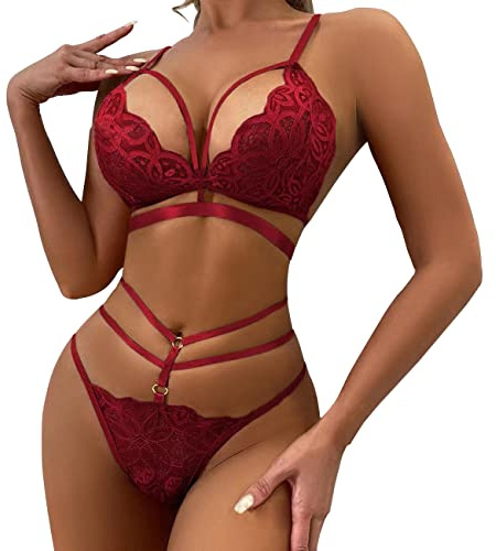 QKEPCY Lencería Sexy Mujer Erótica Conjunto de Dos Piezas con Sujetador Transparente para Ropa Interior Sexy(Rojo M)