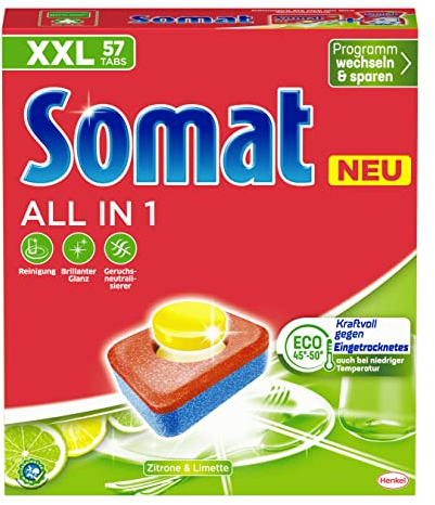 Somat All in 1 Spülmaschinen Tabs Zitrone & Limette (57 Tabs), Geschirrspül Tabs für strahlende Sauberkeit auch bei niedrigen Temperaturen, kraftvoll gegen Eingetrocknetes