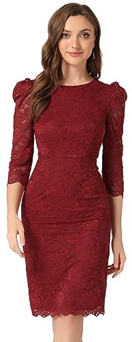 Allegra K Vestito Elegante Donna in Pizzo Floreale Tubino Maniche 3/4 Girocollo Abito Aderente da Lavoro Ufficio per Festa di Halloween Borgogna S