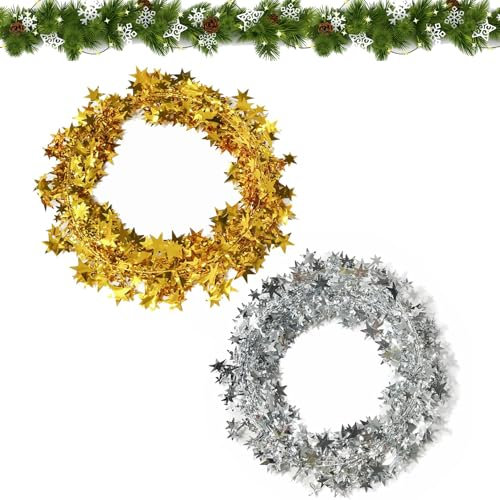 2pcs Christmas Tinsel Wire Garlands, Gold Silver Tinsel Star Garlands for Christmas Tree Decorations Xmas Party Hanging Star Tinsel Decor New Years Eve Decorations Supplies (Length 7.5m/pcs)