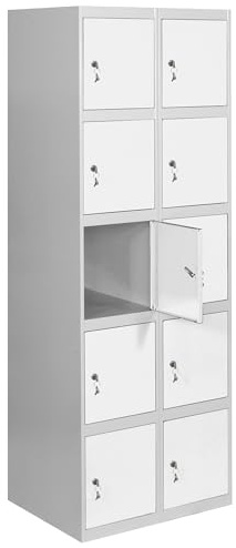 Simon Rack Taquillas Vestuario Metalicas, 2 Módulos 10 Puertas, Incluye Llave, 1800x600x500 mm, Gris/Blanco - Simonlocker