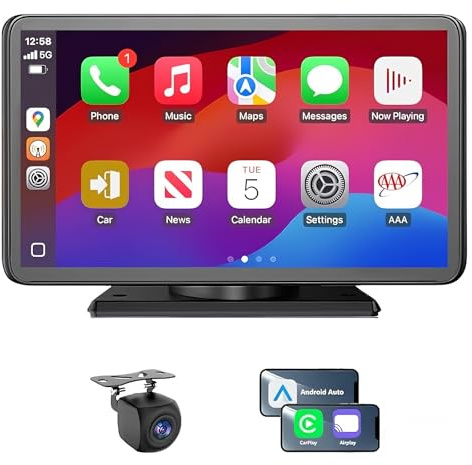 7 Wireless CarPlay Screen for Car - Apple CarPlay & Android Auto Portable Touch Screen with Backup Camera, Bluetooth, FM Transmitter, Voice Control for All Vehicles (Black)