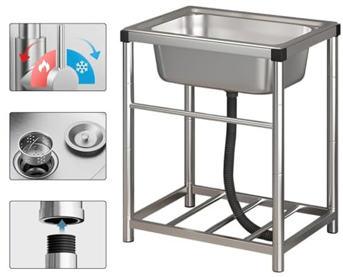 Freistehende Edelstahl Spültisch Ausgussbecken Mit Armatur 45 × 40 × 70 cm Gewerbliche Spülbecken mit Kalt und Warmwasserschläuchen für Außen, Innen, Küche, Restaurant, Bar