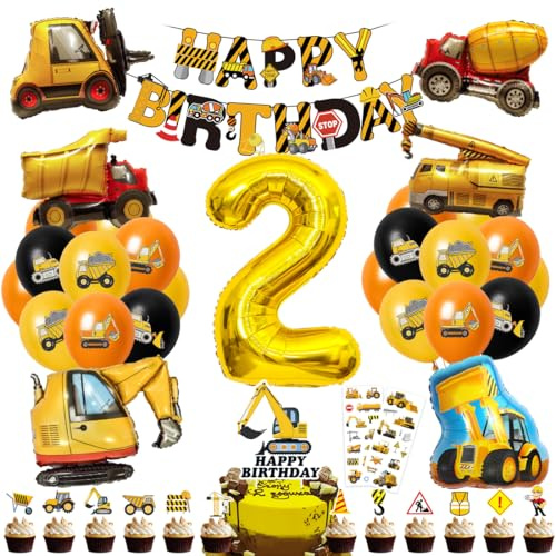 Cadimus grävmaskin, dekoration, barnfödelsedag, 2, födelsedagsdekoration, pojke, byggplats, födelsedag, med Happy Birthday-banner, folieballonger 2 år och tårtdekoration