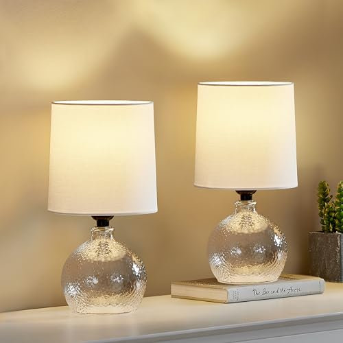 GyroVu Table Lamp Set of 2, Glass Table Lamp for Bedside, Small Nightstand lamp with Glass Base and White Fabric Shade for Bedroom Living Room Decoration