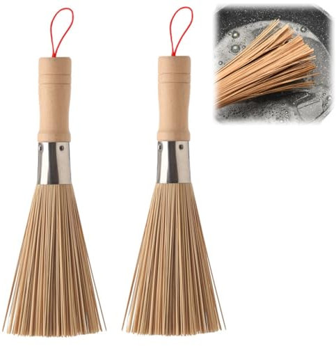 2PC Natural Bambú Wok Cepillo, Cepillos de Bambú para Wok, Cepillo Limpieza de Mango Largo, Cepillo de Hierro Fundido Wok, Cepillo Fregar Platos para Limpiar Platos, Ollas de Hierro Fundido, Sartenes