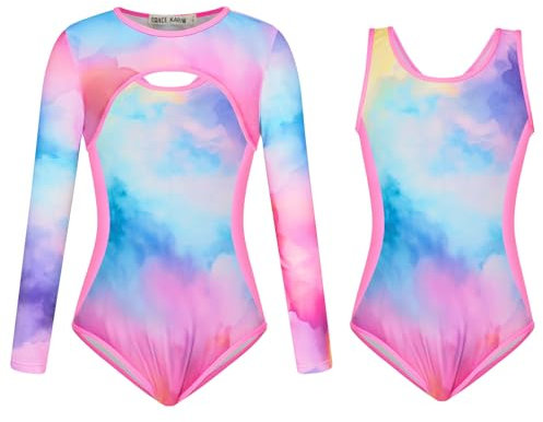 GRACE KARIN Mädchen Schwimmanzug Set Langärmliges Cover-up + U-Ausschnitt Badeanzug Girls Swimming Costume Rosa 8-10 Jahre