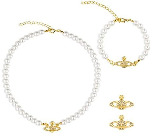 Collana Perle Saturno, 3 Pezzi Set di Collana di Perle da Donna, Collana Artificiale di Perle Saturno, Perle Collana Girocollo per Donna, Moda Collana di Perle Orecchini Pianeta Cristallo Collana