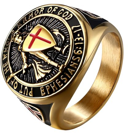 Flongo Men's Vintage Stainless Steel Ring: Knights Templar Cross Armor Shield Ring Amulet Jewelry Gift