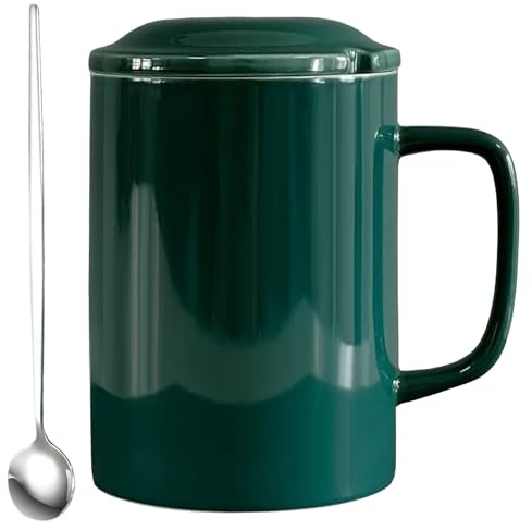 NIUKOMY Tazza Jumbo Grande 1000ML, Tazze Gigante, Tazza da Caffè Extra Large in Ceramica con Coperchio e Cucchiaio per Ufficio e Casa, Verde Scuro