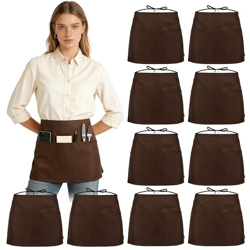 WENLISELL Confezione da 10 grembiuli marroni con 3 tasche, 63 x 47 cm, grembiuli corti da chef per casa, cucina, ristorante, lavoro, cucina, cameriere, cottura