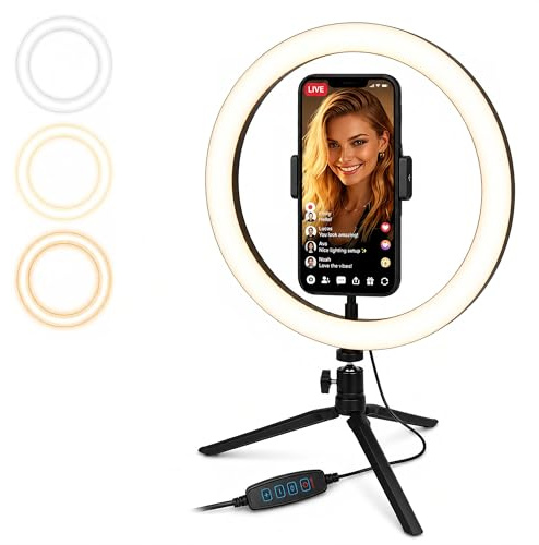 Ring Led Light da Tavolo 12 30cm Regolabile per Selfie, Video, Foto, Tiktok - Lampada Led Anello per Smartphone con 3 Modalità di Illuminazione - Dotato di Treppiede e Pulsantiera - Instagram e YT