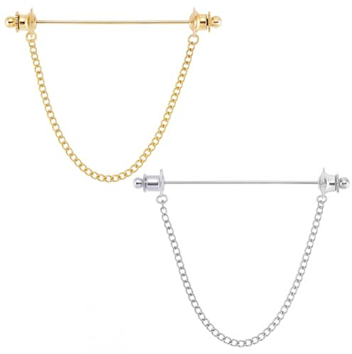 CABODYALS 2Pcs 2 Colours Silver Gold Collar Tie Bars Chain for Men Wear | Classic Tassel Metal Brass Ball Head Shirt Bar Pin Collars Clips Clasp Lapel Stick Brooch Set for Wedding Business Formal