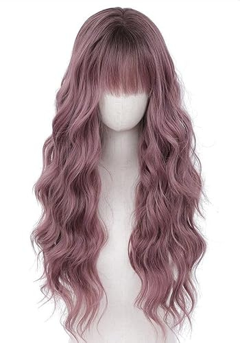 Topcosplay 24 Violet Ondulée Perruque pour Femmes et Filles Longue Bouclée Synthétique Perruque avec Racines Noires pour une Utilisation Quotidienne (Violet)