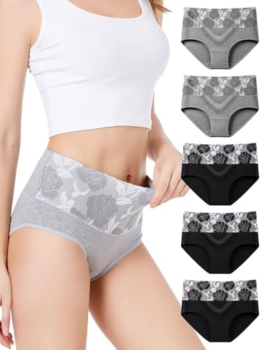 HAVVIS Women's High Waist Knickers Ladies Cotton Briefs Underwear Full Back Coverage Panties Plus Size Multipack (Brief 03-5 Pack - 3black,2grey, XS)