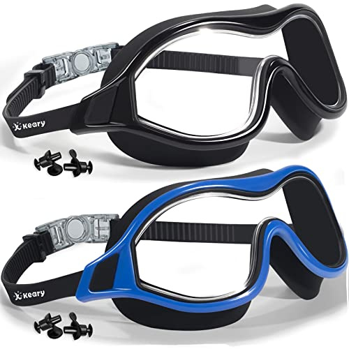 Keary 2 Pack Anti-Fog Swimming Goggles for Adult Men Women Youth - UV Protection No-Leak Mirror Big Frame Clear Vision Pool Water Glasses, Adults Underwater Mask with Clip on Back