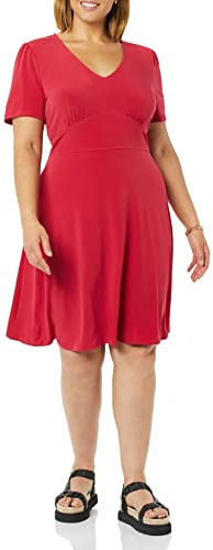 Amazon Essentials Vestido Acampanado Fruncido con Cuello en Pico y Manga Corta Mujer, Rojo Frambuesa, XXL