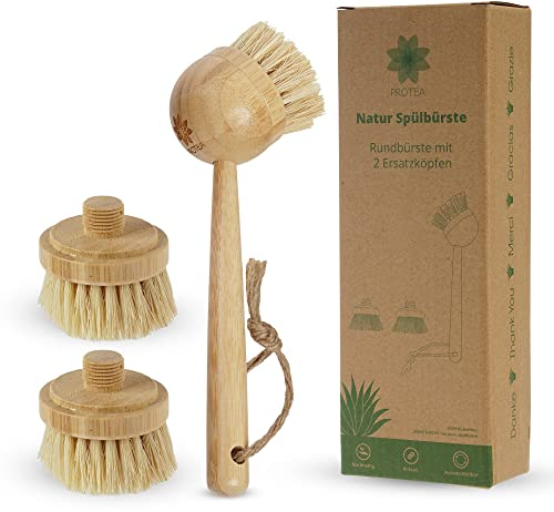 Protea Spülbürste mit Ersatzköpfen (3er Set) - nachhaltige Reinigungsbürste - wiederverwendbar - aus Naturfaser - Bürsten auswechselbar - vegan - Scheuerbürste - Bürsten Set - hochwertig