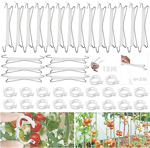 MEISHANG 40 st (20 uppsättningar tomatkrokar av metall, 20 vita spännen) robust tomatkrok, växter, trädgård, tomatkrokar, klämmor, växter, tomatkrokar med, trädgårdstomatkrok, dubbla tomatkrokar