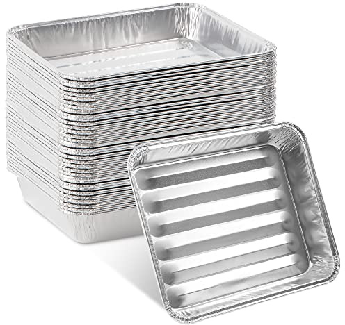 PLASTICPRO 50 Pack Disposable Aluminum Grill Liners Toppers Aluminum Foil Broiler Pans Durable Ribbed Grill Drip Pans 8.5x7
