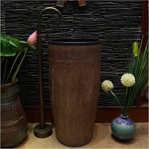 Vanity Unit with Basin,Bathroom Basin Sink with Full Pedestal, Pedestal Sink Handcrafted Ceramic wash Basin Pedestal washbasin Kaolin Clay Round Freestanding Sink with Drain & Fauc