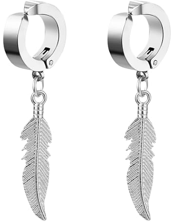 Flongo Fake Ohrringe ohne loch: Damen Huggie Hoop Feder ohrclips silber Creolen ohne ohrloch Feather Non-Pierced Ohrklemme Ohr Clips Earrings Gothic Edelstahl wikinger Schmuck Geschenk Frauen Herren