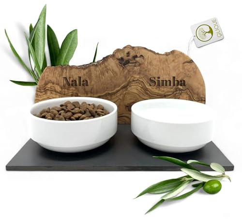 Futterstation personalisiert, Olivenholz - Futterbar mit Gravur und 2 Fressnäpfen für Katzen und Hunde