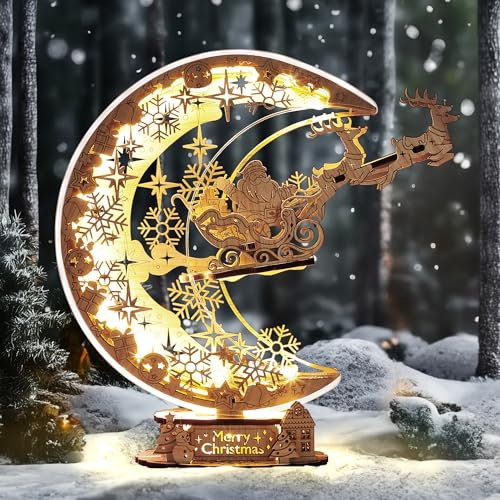 FUNPOLA LED Puzzle 3D en bois Lampe de nuit de Noël en forme de lune, Maquette en Bois à Construire pour décoration de Noël festive, cadeau de Noël pour adultes et enfants