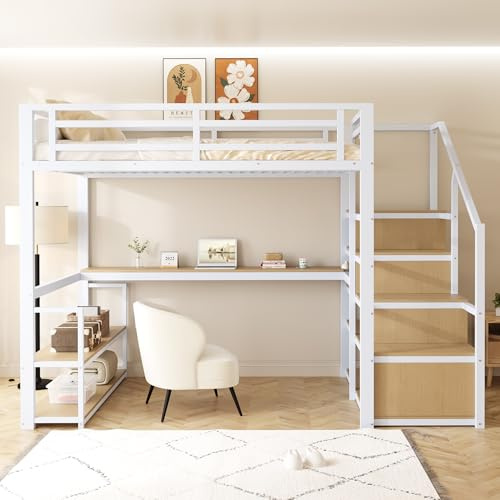 Letto a soppalco in metallo 140 x 200 con scala portaoggetti con ripiani e tavolo, design con recinzione di sicurezza con pannelli metallici giuntati, letto alto con telaio in ferro per un supporto