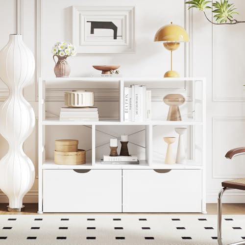 Dripex 4 Tier Bookcase with 2 Movable Drawers，Wooden Floor Standing Book Shelf with Steel Frame, White Storage Display Shelf for Living Room, Bedroom or Office