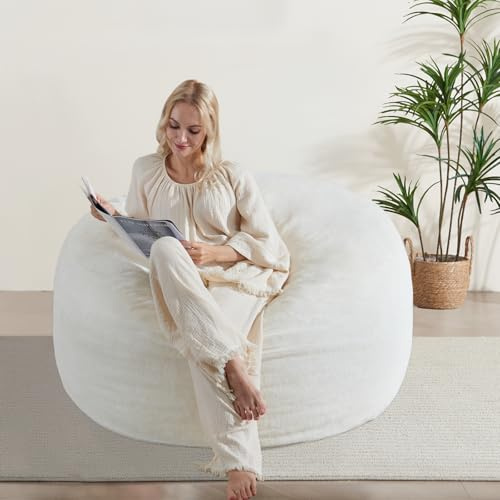 WSOFRLAC 4FT Bean Bag Chair, Soft Bean Bags Chairs for Adults, Giant Memory Foam Filled Beanbag with Washable Cover, Plush Lazy Sofa with Pocket Handle Zipper for Living Room Bedroom Dorm, Cream White