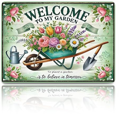 Garden Signs, Welcome to My Garden Metal Plaques for Outside, Vintage Wall Art Hanging Iron Painting, Gardening Gifts for Gardening Lovers and Yard Outdoor Decor, 11.81×7.87in