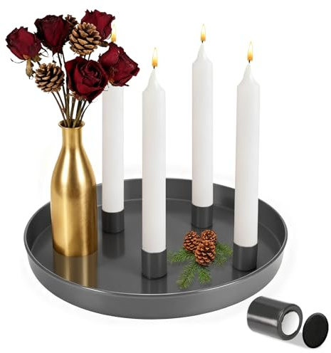 Freyeeti Vassoio magnetico per candele, vassoio decorativo rotondo, 25 cm, Con 4 supporti magnetici, per candele Ø 2 cm, per feste, avventi, supporto per candele