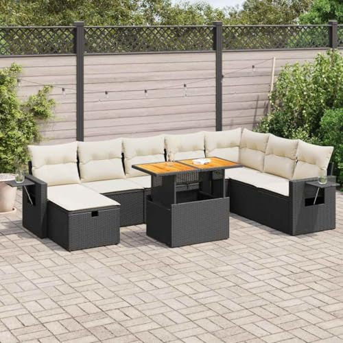 Teenpull Set di divani da giardino in polyrattan, nero, con cuscino, pieghevole, resistente ai raggi UV, 110 kg per seduta, per terrazza, balcone, esterno
