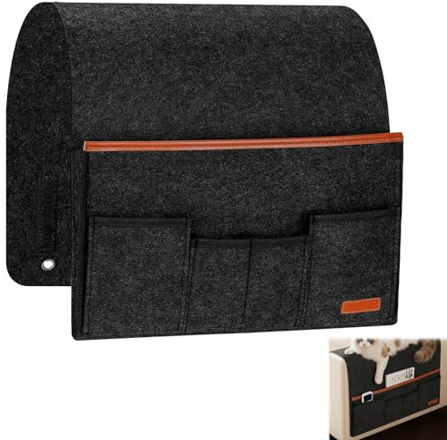 Organizador Reposabrazos Sofá 5 Bolsillos Fieltro 300g Antideslizante | Belcro ajustable, vaciabolsillos, soporte mandos, fieltro reforzado, guarda tablet gafas revistas, apto salón y dormitorio