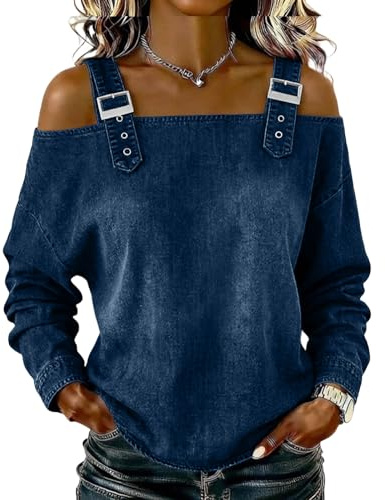 Off the Shoulder Tops Denim Shirt for Women with Adjustable Straps Long Sleeve Smart Tops Casual Blouse for Everyday Cowboy Shirts Fashion Lovers for Women UK XXL Dark Blue