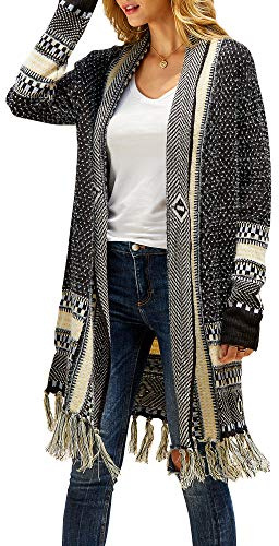 FERBIA Women Boho Cardigan Sweater Long Open Front Maxi Knit Sweaters Aztec Tribal Tassel Fringe Thin Coat