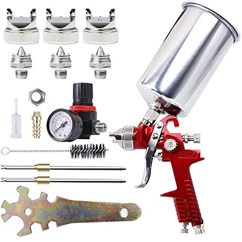 Pindex Pistola Pintura HVLP 1000CC con 3 Boquillas 1,4 mm 1,7 mm 2,5 mm Sistema Profesional de Pintura Boquilla de Acero Inoxidable para Automoción, Pared, Rociado De Muebles - Rojo