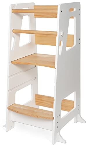 BEY & CO® Lernturm/Entdeckerturm aus Holz – Küchenhelfer für Kinder – 3-Fach höhenverstellbar, mit Rutschfester Oberfläche und kippsicheren Füßen - Montessori-Methode - Ab 12 Monaten (Weiß)