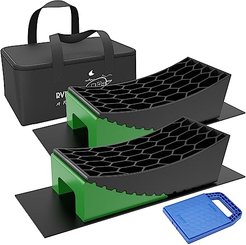 RVMATE Wohnmobil-Nivellierer, 8-teiliges Nivellierblock-Set für Wohnmobile, Camper-Radkeile, 2 Gebogene Nivellierer, 2 Unterlegkeile und 2 Gummigriffmatten in Aufbewahrungstasche