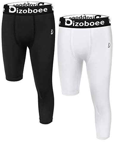 Dizoboee Youth Boys Compression Pants One Leg Short Leggings for Sports Kids Basketball Tights 2 Pack, White+Black (Right Short) M
