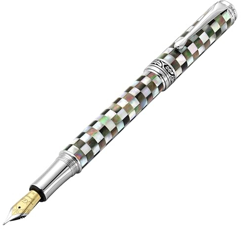 Xezo Maestro Jubilee stylo plume, pointe moyenne. Nacre blanche et noire à damiers. Édition limitée de 223 exemplaires. Fabriquée à la main, chaque stylo est unique