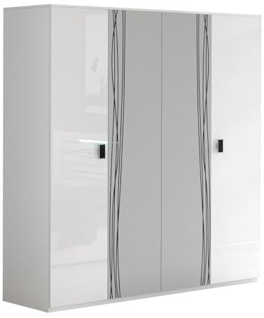 AltoBuy CADIRY - Armoire 4 Portes avec Miroir Blanche Sérigraphiée