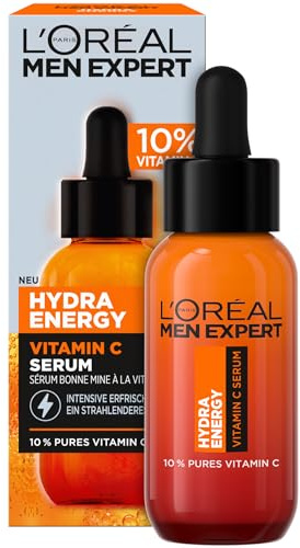 L'Oréal Men Expert Sérum de vitamina C contra la piel cansada para hombres, cuidado hidratante para un aspecto radiante, suero facial para hombre de alta dosis con 10% de vitamina C pura, Hydra Energy