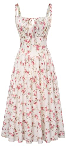 SCARLET DARKNESS Damen Frühling Sommer Blumenkleid Ärmellos Lace Up Boho Lange Kleid Weiß-Rosa Blumen L