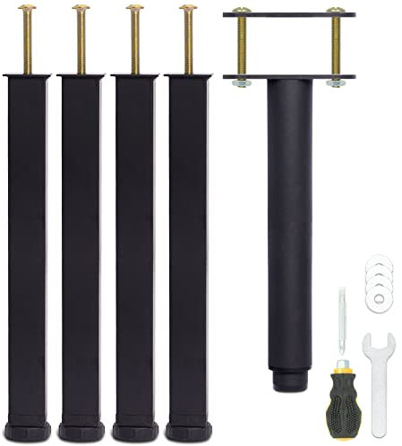 Pied de Lit 30 cm à Visser, Pied Sommier à Lattes Universel, Reglable en Hauteur, Metal, Carré + Rond, Boulons M8, pour le Cadre Métallique d’un Sommier Adulte, Noir, Lot de 5 (4 Latéraux + 1 Central)