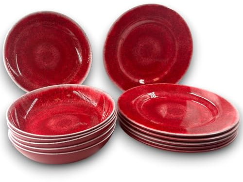 Set da Tavola in Melamina TERRACOTTA 12 pezzi Servizio Piatti Fondi e Piani per da 6 persone Infrangibile Lavabile in Lavastoviglie Plastica rigida Disponibile in 3 Colori (12, Rosso - Magenta)