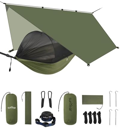 Sunyear Camping Hammock with Net & Rain Fly - Double & Single Hammock with House-Like Net- Easy Setup & Pack, Lightweight & Portable, Perfect for Hiking, Backpacking, Outdoor Sleeping