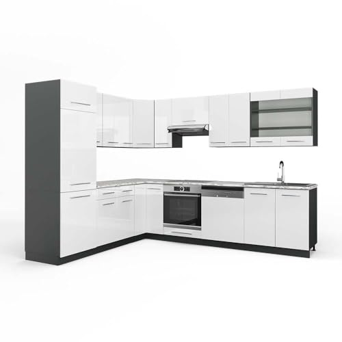 Vicco Cucina angolare completa Fame-Line, Bianco lucido/antracite, 287 x 60 cm, PL Marmo, per una progettazione flessibile della cucina e un'espansione personalizzata